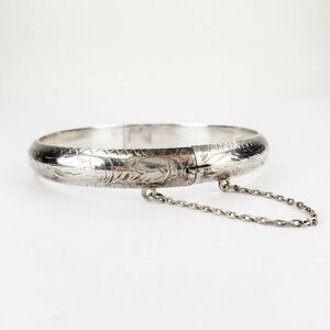 Vintage Sterling Silver 925 Hinged Bangle Bracelet Signed FAS with Safety Chain
